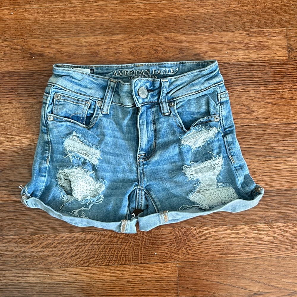 American Eagle Laced Ripped High Rise Stretchy Jean Shorts